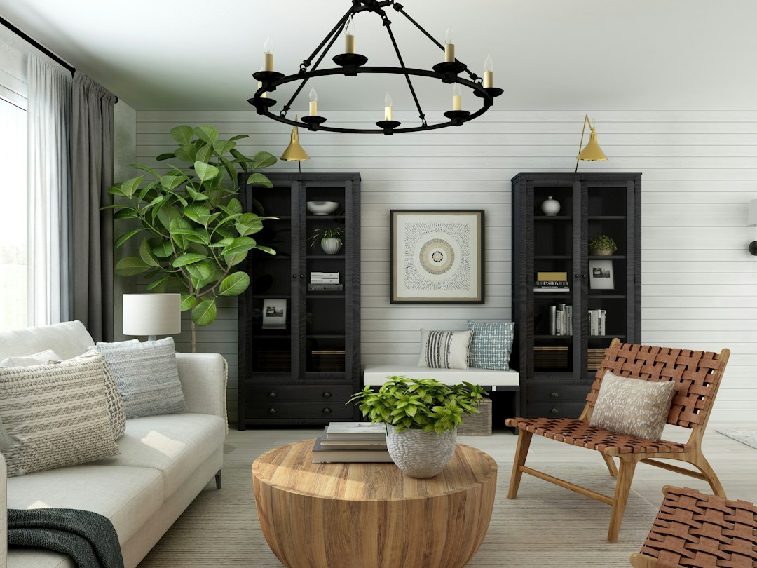 modern farmhouse living room cover illustration with neutral palette, layered textures and black metal lighting